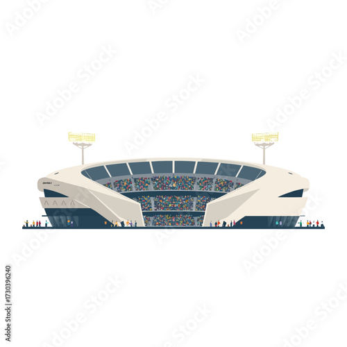 Large modern arena for sporting events, packed with a crowd of spectators on a white background illustration