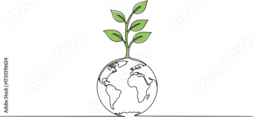 Continuous one line drawing of plant on earth vector illustration. Editable outline
