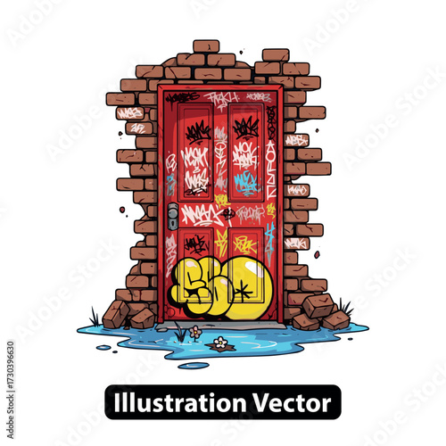 An old red door, covered in vibrant street art graffiti, stands within a crumbling brick wall