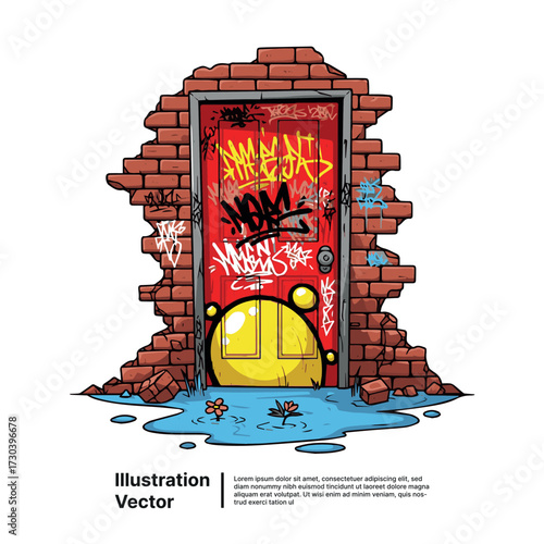 Vibrant graffiti art on a red door in a distressed brick wall, showcasing urban street style illustration