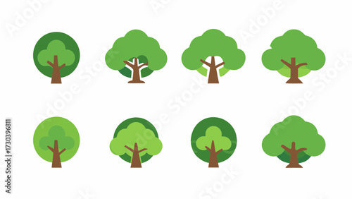 Stylized trees set for landscaping design projects, perfect for springtime themes, nature blogs, and eco-friendly initiatives, originally a scalable vector graphic