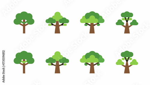Cheerful tree collection for children's books or nature-themed designs, perfect for springtime illustrations and cute woodland scenes, originally a vector graphic