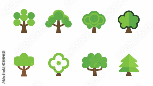 Collection of eight different illustrated trees, perfect for nature themes, educational resources, and arboreal designs for websites or print media.