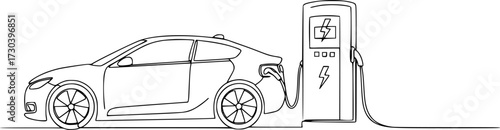 Electric car and charging stations in continuous one line drawing, Continuous one line drawing Electric car at charging station. Electric car concept. Single line draw design editable vector.