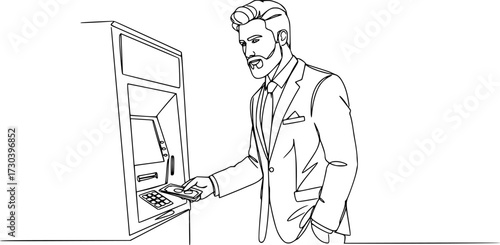 Continuous line of man taking money from the ATM, Handsome man taking money from the ATM. Professional illustration isolated on white background.
