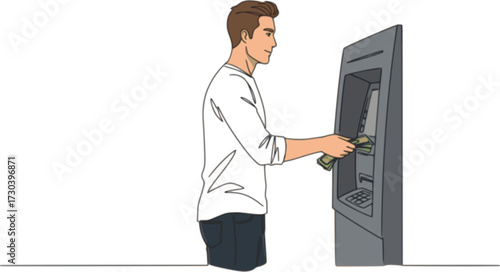 Continuous line of man taking money from the ATM, Handsome man taking money from the ATM. Professional illustration isolated on white background.
