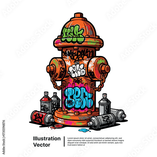 Bold Urban Illustration of a Gritty Fire Hydrant Embellished with Vibrant Graffiti Tags and Paint Supplies