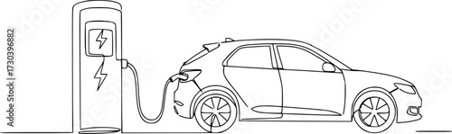Electric car and charging stations in continuous one line drawing, Continuous one line drawing Electric car at charging station. Electric car concept. Single line draw design editable vector.