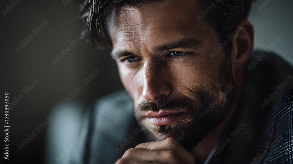 Fototapeta premium A mature man with striking blue eyes gazes thoughtfully resting his chin on his hand conveying deep contemplation