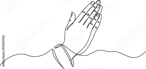 One line drawing praying hand worship religious vector illustration template design, Hand in Praying position or in Cultural Greeting Form Continuous one line drawing.