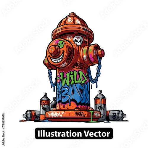 Urban fire hydrant transformed into a bold masterpiece of colorful graffiti art, reflecting street culture