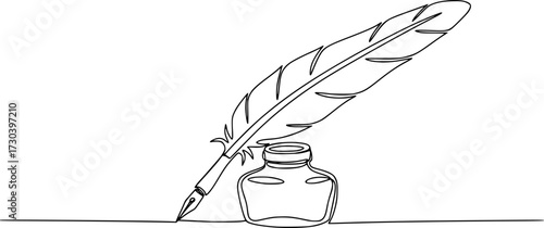 Inkwell and pen continuous line drawing. One line feather with ink vector illustration, Continuous One line drawing of Traditional Quill and Ink. Traditional feather quill with a basic ink bottle.