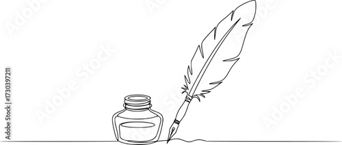 Inkwell and pen continuous line drawing. One line feather with ink vector illustration, Continuous One line drawing of Traditional Quill and Ink. Traditional feather quill with a basic ink bottle.