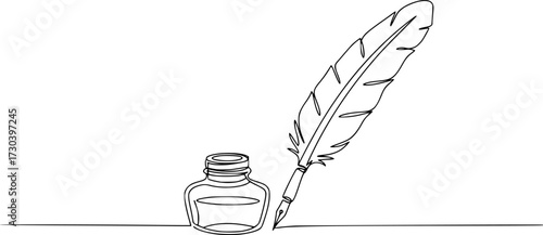 Inkwell and pen continuous line drawing. One line feather with ink vector illustration, Continuous One line drawing of Traditional Quill and Ink. Traditional feather quill with a basic ink bottle.