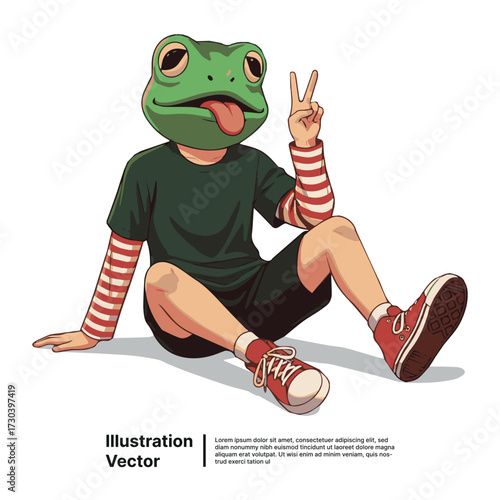 Playful cartoon character with a frog mask sitting and making a peace sign gesture