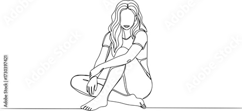 Young woman sitting cross-legged on the floor. Continuous line art drawing, Girl sitting high with dangling feet in continuous line art drawing style.
