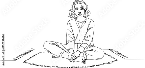 Young woman sitting cross-legged on the floor. Continuous line art drawing, Girl sitting high with dangling feet in continuous line art drawing style.
