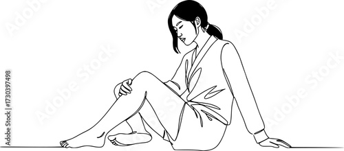 Young woman sitting cross-legged on the floor. Continuous line art drawing, Girl sitting high with dangling feet in continuous line art drawing style.
