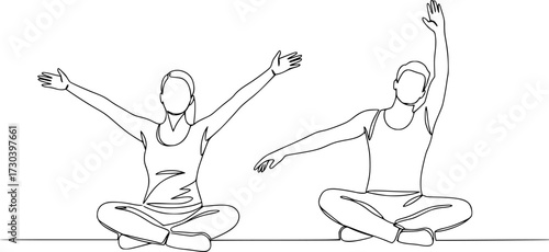 Continuous line art or One Line Drawing of a woman stretching arms is relaxing, Happy man and woman raising hands in an exercise of relax and breathing, one line continuous drawing