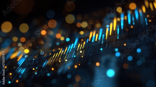 Abstract digital sound wave with vibrant blue and orange lights creating a futuristic atmosphere.