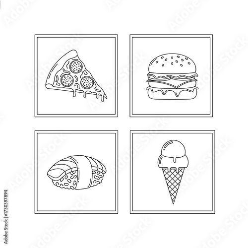 Line art food-themed illustrations featuring pizza, burger, sushi, and ice cream 