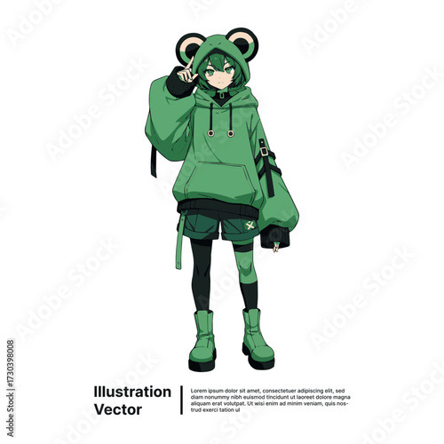 Anime Character in Frog-Themed Outfit Posing with Peace Sign A Stylish Illustration