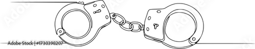One Line Drawing of Open Handcuffs, Clean Design Representing Justice and Security, Handcuffs in one continuous line drawing. Symbol of police justice and jail prison concepr in simple linear style 