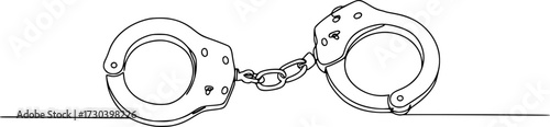 One Line Drawing of Open Handcuffs, Clean Design Representing Justice and Security, Handcuffs in one continuous line drawing. Symbol of police justice and jail prison concepr in simple linear style 