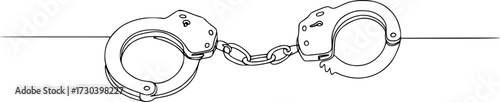 One Line Drawing of Open Handcuffs, Clean Design Representing Justice and Security, Handcuffs in one continuous line drawing. Symbol of police justice and jail prison concepr in simple linear style 