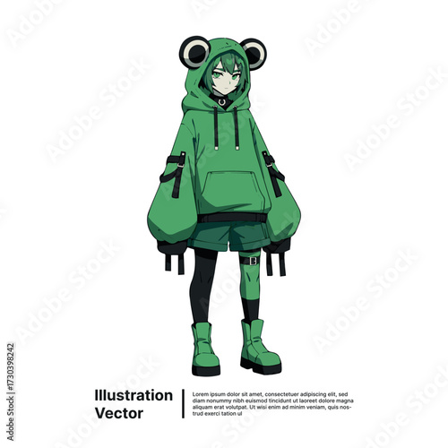 Anime Character Illustration A Stylish Frog-Themed Outfit and Unique Appearance on a White Background