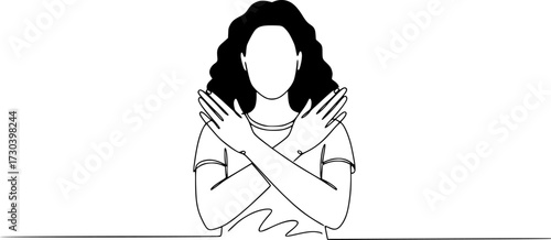 Woman crossing arms and saying no gesture Person making stop sign with hands, Single continuous line drawing young woman crossing arms and saying no gesture person making X shape