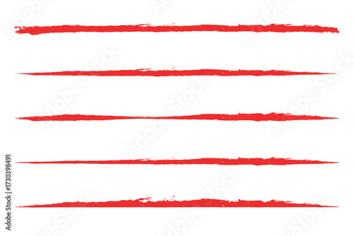 Red paint brush stroke lines and wave shapes collection. Hand drawn bold grunge borders with rough edges and textured ink effect. Artistic underline elements, abstract strokes for highlight, divider