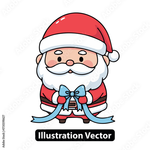 Adorable Cartoon Santa Claus with a Cheerful Smile Holding a Blue Gift Ribbon