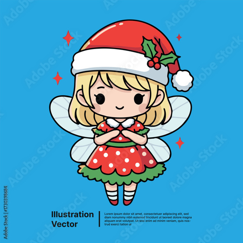 Adorable cartoon Christmas fairy character illustration in a festive Santa hat and a cheerful red polka dot dress, perfect for holiday season designs