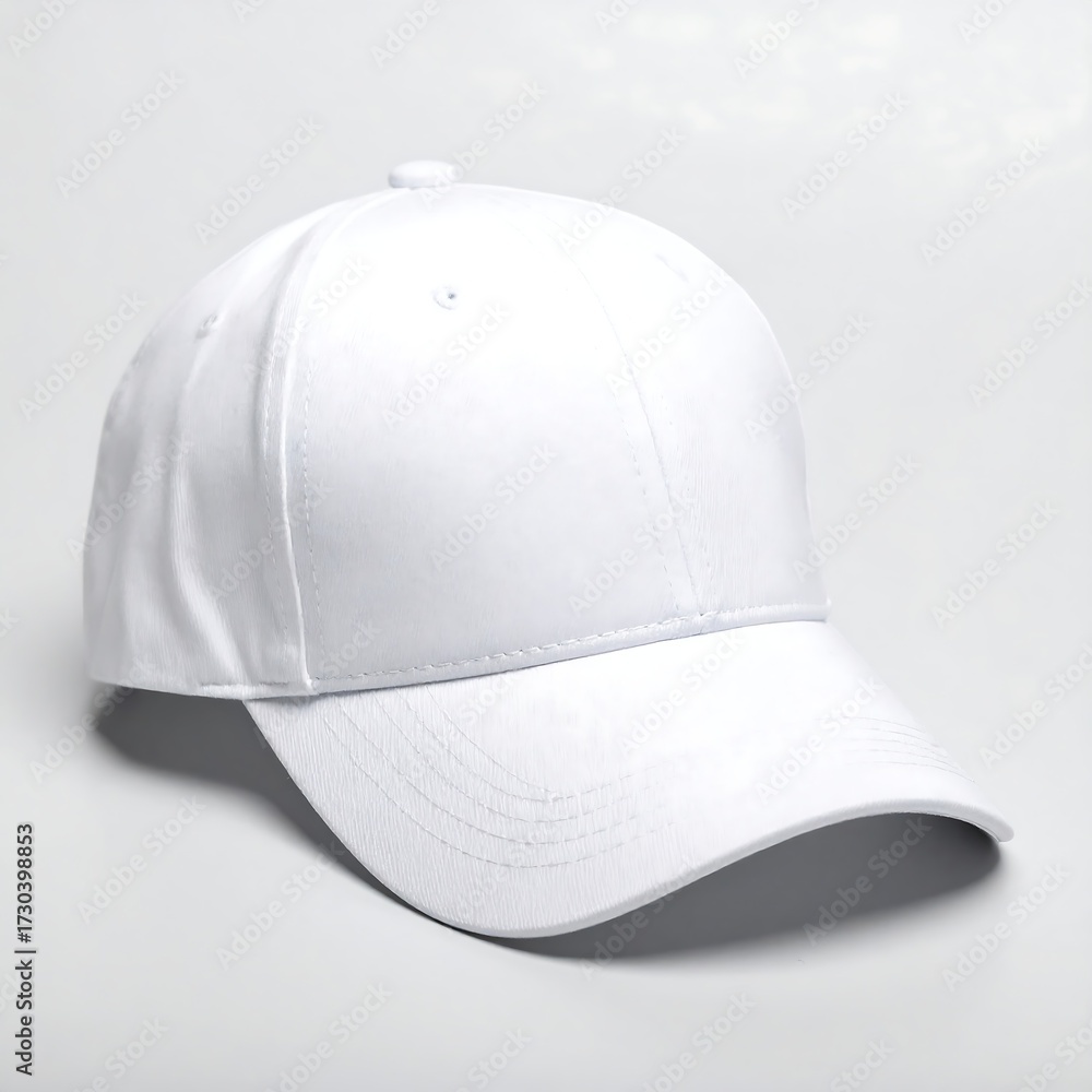 Fototapeta premium A white baseball cap displayed on a clean surface in a well lit studio environment