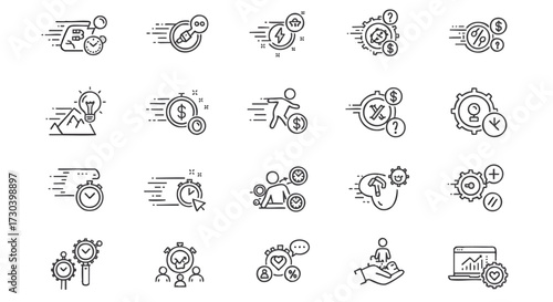 A comprehensive collection of line icons depicting business progress, financial growth, time management, and innovative strategies for efficiency and development for modern companies
