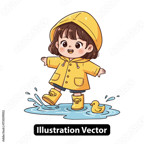 Cute cartoon girl in a yellow raincoat joyfully splashing in a puddle with a rubber duck