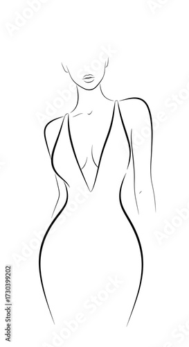 Elegant fashion sketch of a woman in a deep V-neck gown with graceful lines and minimal detail for copy space