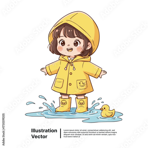 Happy child in a yellow raincoat and boots playing in a puddle with a rubber ducky