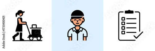 Vector icon sheet of cleaning lady with trolley, hotel maid, and checklist