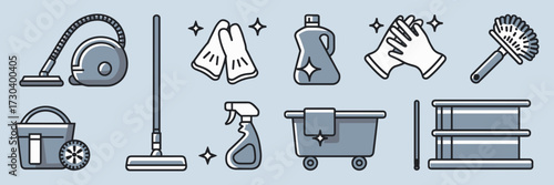 Vector icon sheet of housekeeper tools with vacuum, mop, and cleaning cart