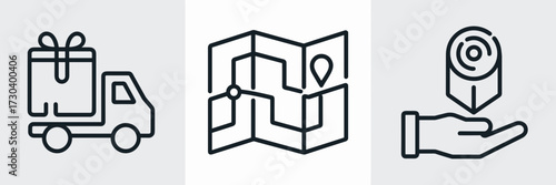 Vector icon sheet of package truck, map with route, and contactless drop-off