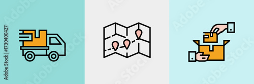 Vector icon sheet of delivery truck, route map, and hand placing package