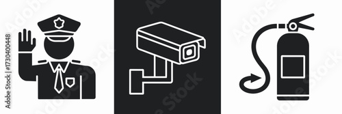 Vector icon sheet with police officer, camera, and fire extinguisher – Perfect for law enforcement branding, security materials, or safety manuals
