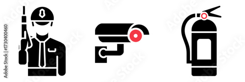 Vector icon sheet with guard, surveillance camera, and fire extinguisher – Great for emergency preparedness guides, safety awareness, or security branding