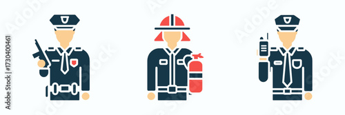 Vector icon sheet with police officer, fireman, and security guard – Ideal for public safety campaigns, workplace protection materials, or emergency services branding