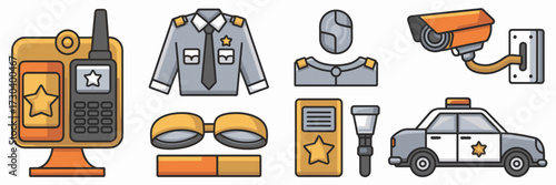Vector icon sheet of security guard visuals – Ideal for workplace safety design, law enforcement training, or guard company branding