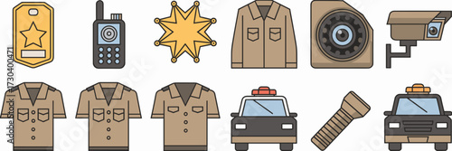 Vector icon sheet of security guard visuals – badge, walkie-talkie, camera, flashlight, and patrol car – Perfect for security branding, training manuals, or safety campaigns