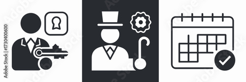 Vector icon sheet of guest check-in concierge service and booking management
