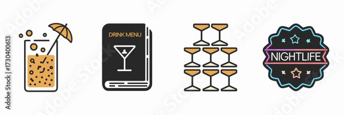 Vector icon sheet of bartender branding with happy hour symbol